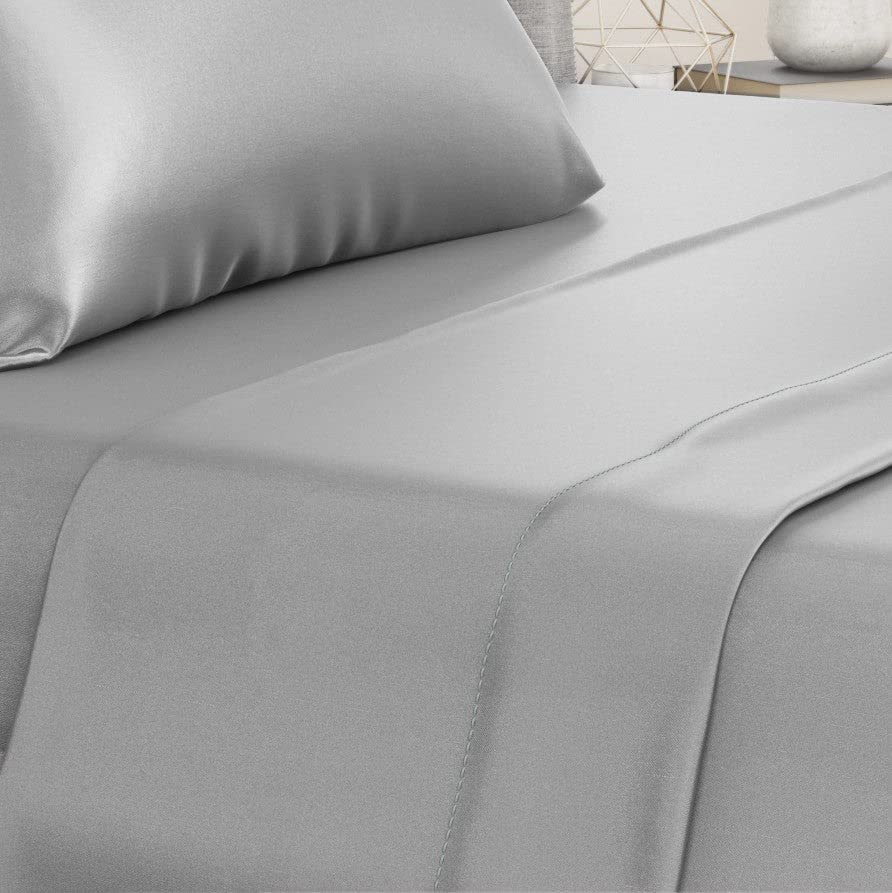 Mu erry 100% Pure Queen Silk Flat Sheet Deluxe 22 Momme 6A Mu erry Silk Bed Sheets  Breathable, Ultra-Soft, Oeko-TEX  Silver