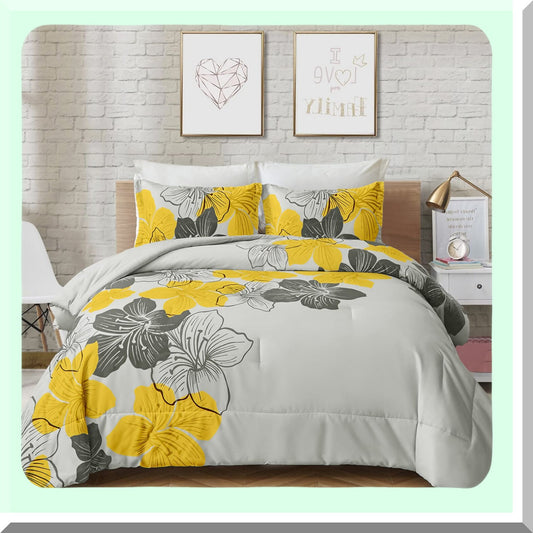 Yellow Blossom Bliss 3-Piece Queen Comforter Set - Grey Floral Pattern, Ultra Soft Microfiber Bedding, Lightweight Boho Style for All Seasons - Includes Comforter and 2 Pillowcases