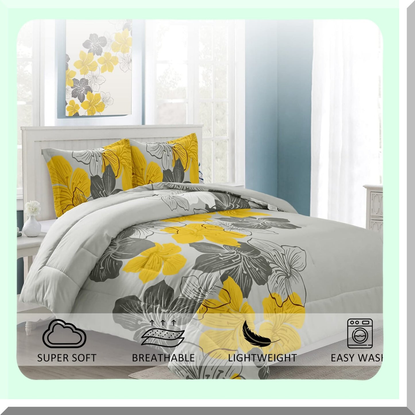 Yellow Blossom Bliss 3-Piece Queen Comforter Set - Grey Floral Pattern, Ultra Soft Microfiber Bedding, Lightweight Boho Style for All Seasons - Includes Comforter and 2 Pillowcases