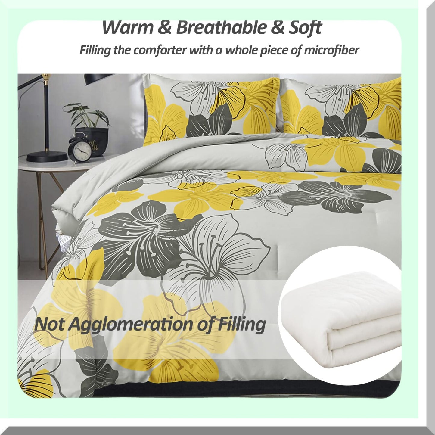 Yellow Blossom Bliss 3-Piece Queen Comforter Set - Grey Floral Pattern, Ultra Soft Microfiber Bedding, Lightweight Boho Style for All Seasons - Includes Comforter and 2 Pillowcases