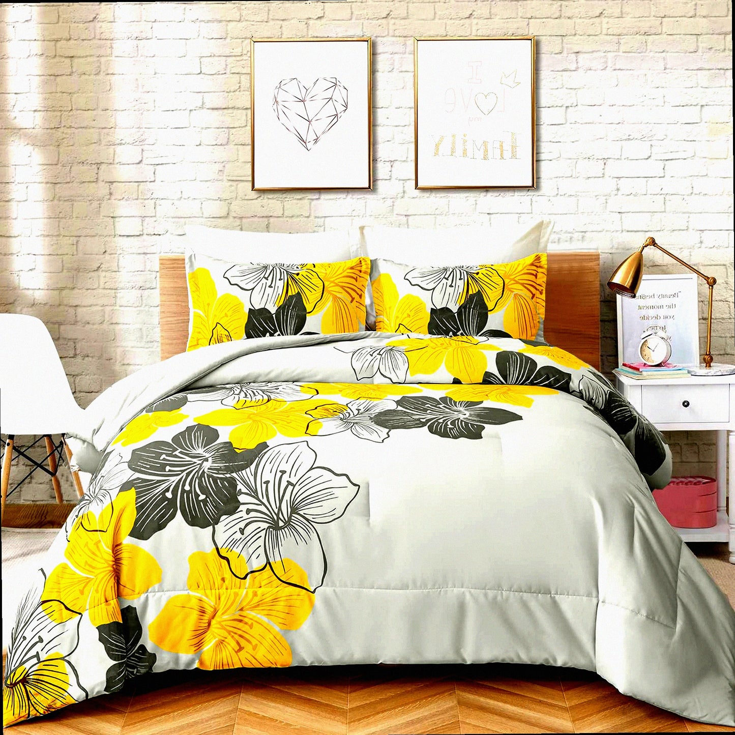 Yellow Blossom Bliss 3-Piece Queen Comforter Set - Grey Floral Pattern, Ultra Soft Microfiber Bedding, Lightweight Boho Style for All Seasons - Includes Comforter and 2 Pillowcases