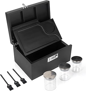 Large Bamboo Storage Box with Removable Tray, 3 Glass Jars & Brushes