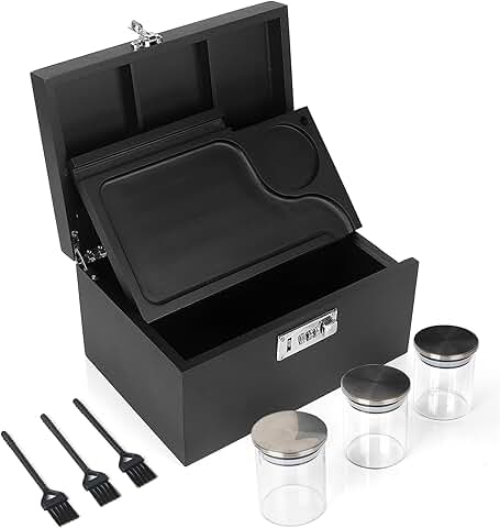 Large Bamboo Storage Box with Removable Tray, 3 Glass Jars & Brushes