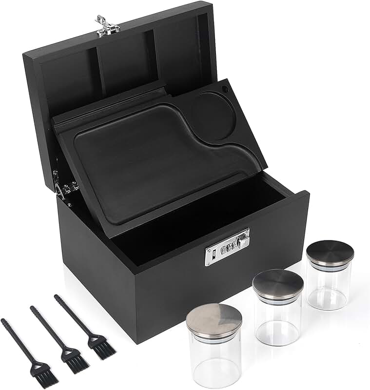 Large Bamboo Storage Box with Removable Tray, 3 Glass Jars & Brushes