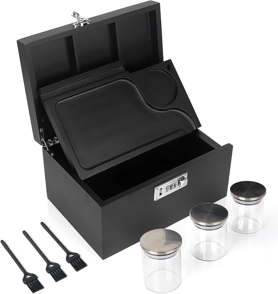 Large Bamboo Storage Box with Removable Tray, 3 Glass Jars & Brushes