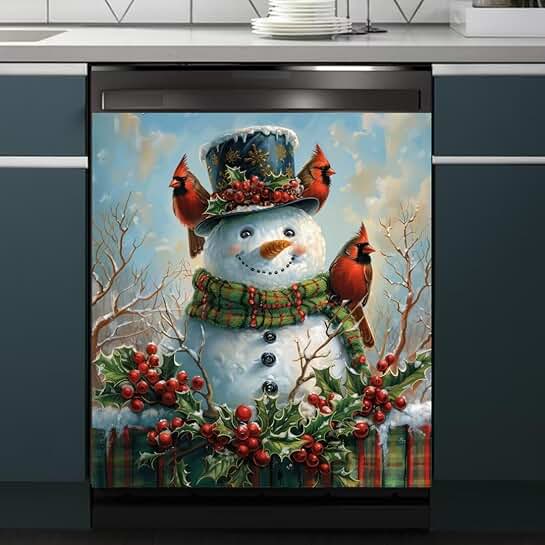 Snowman Dishwasher Magnet Cover with Red Bird Design