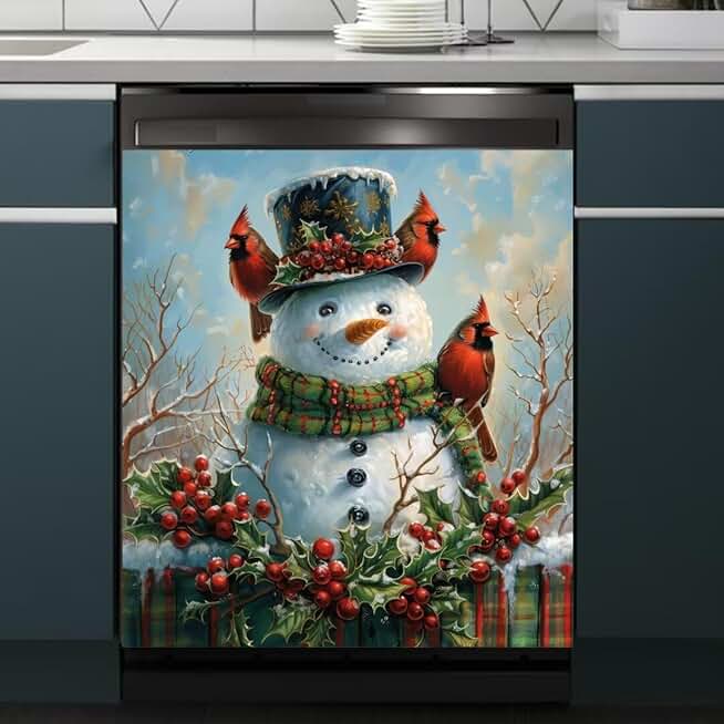 Snowman Dishwasher Magnet Cover with Red Bird Design