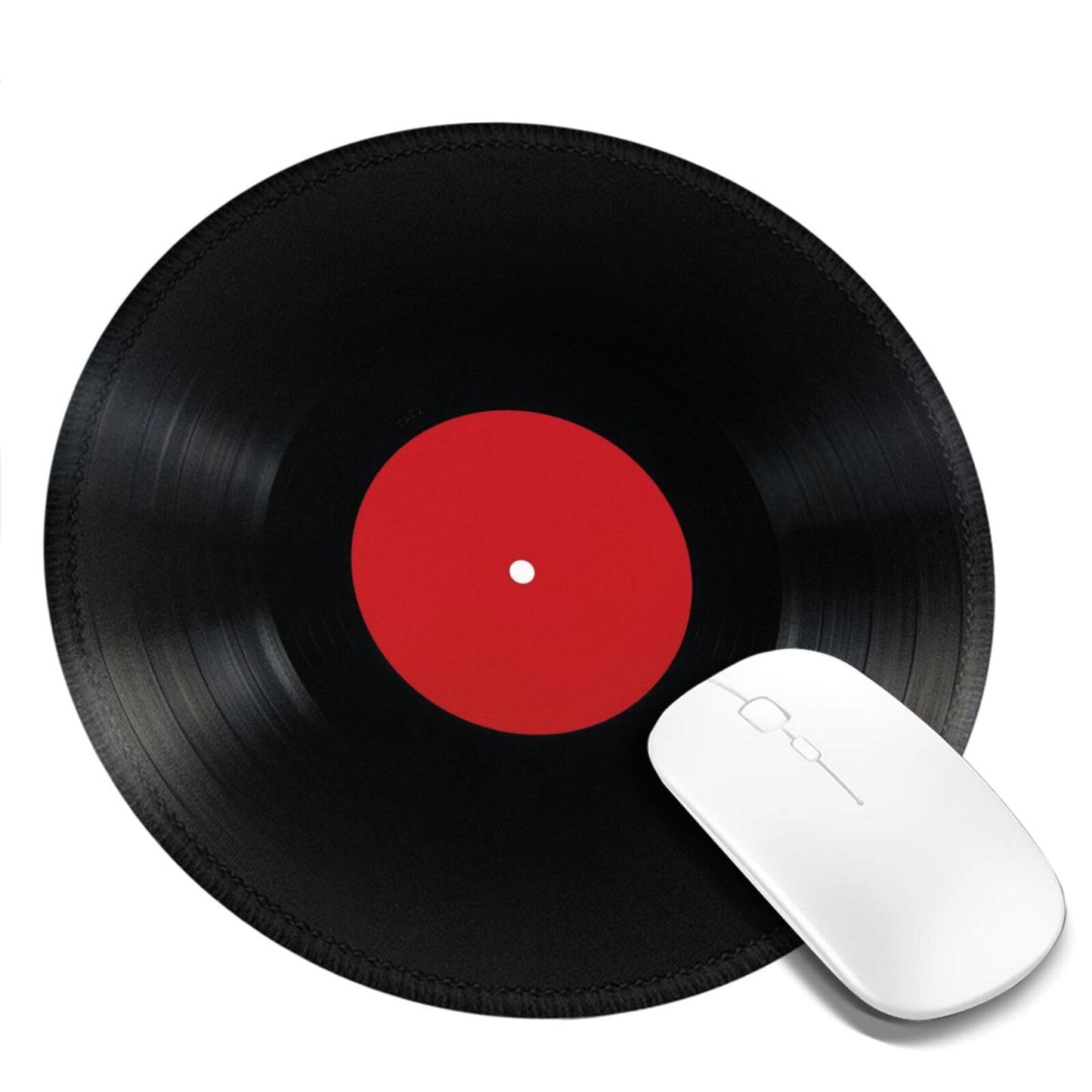 Black and red vinyl round mouse pad with stitched edge