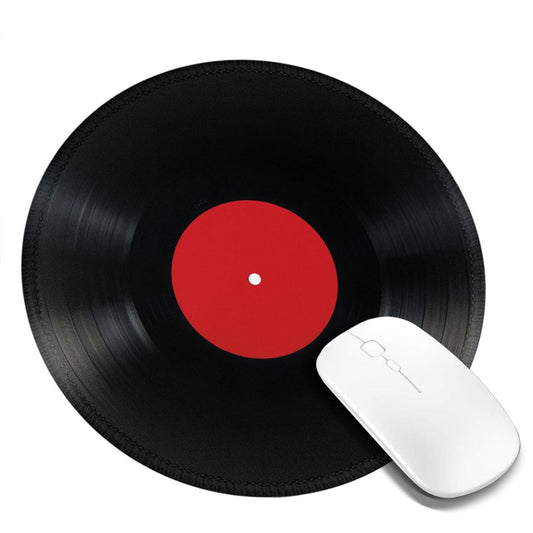 Black and red vinyl round mouse pad with stitched edge