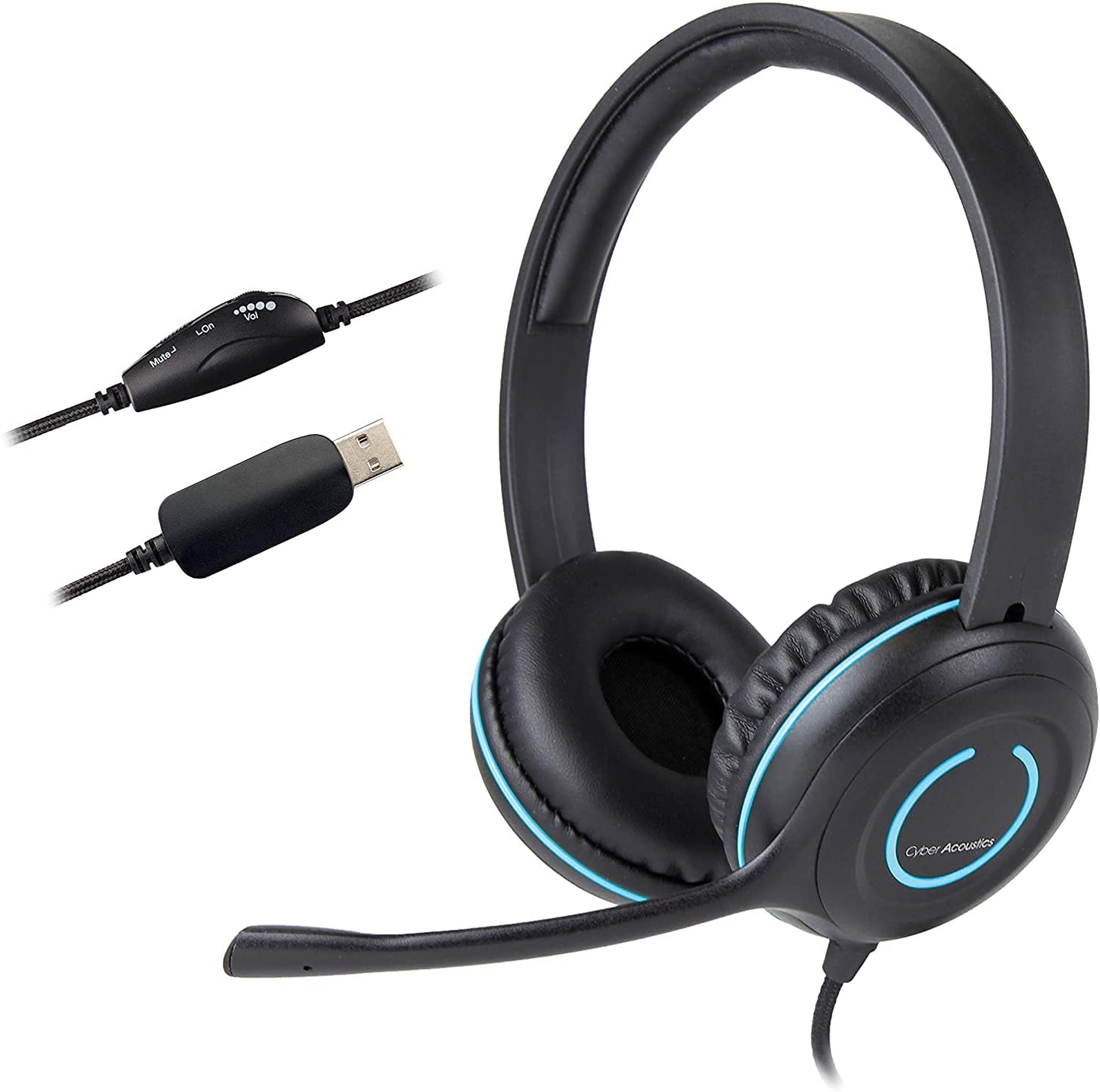 Stereo USB Headset, in-line Controls for Volume & Mic Mute, Adjustable Mic Boom for PC & Mac, Perfect for Classroom or Home (AC-5008A)
