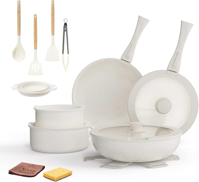 22-Piece Cream White Ceramic Cookware Set with Detachable Handles