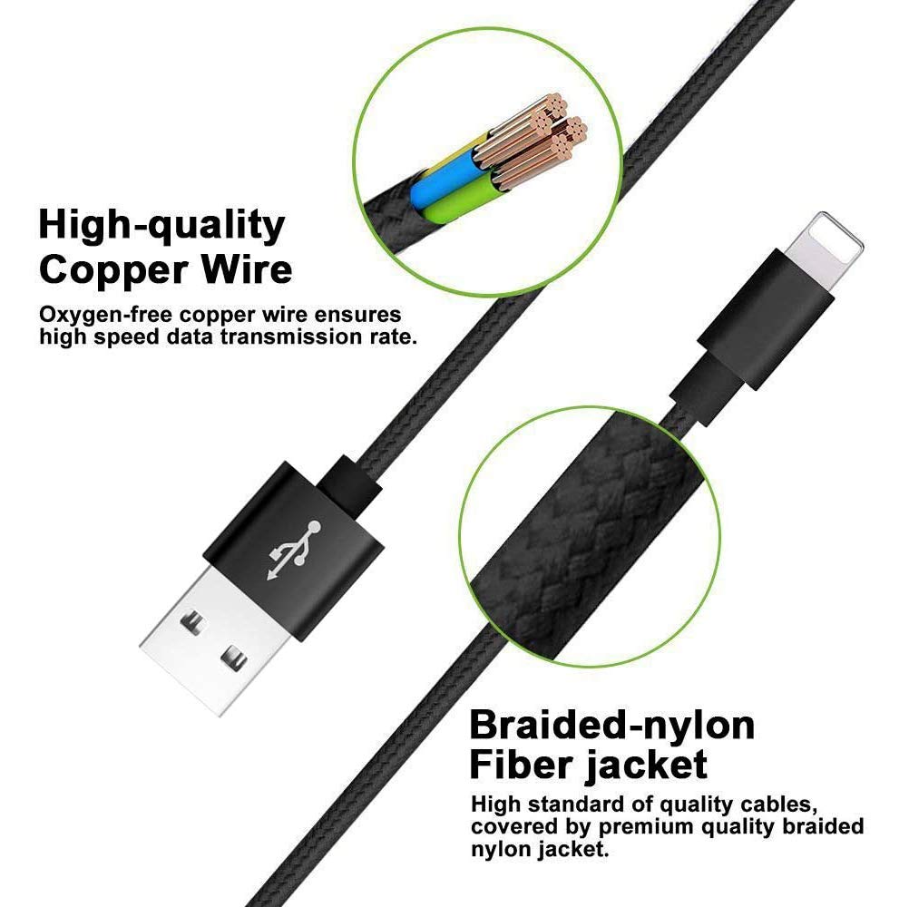 Compatible Phone Cable, [2Pack] 2FT Nylon Braided Fast Charging USB Cord Replacement for Phone X 8 8 Plus 7 7 Plus 6s 6s Plus 6 6 Plus 5 5S 5C SE Pad Air Mini and More (2 Pack Black, 2 FT)