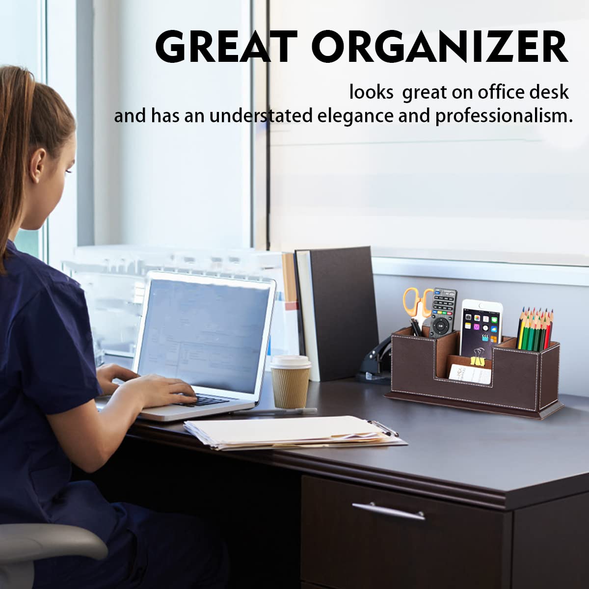 PU Leather Desk Pen and Stationery Organizer