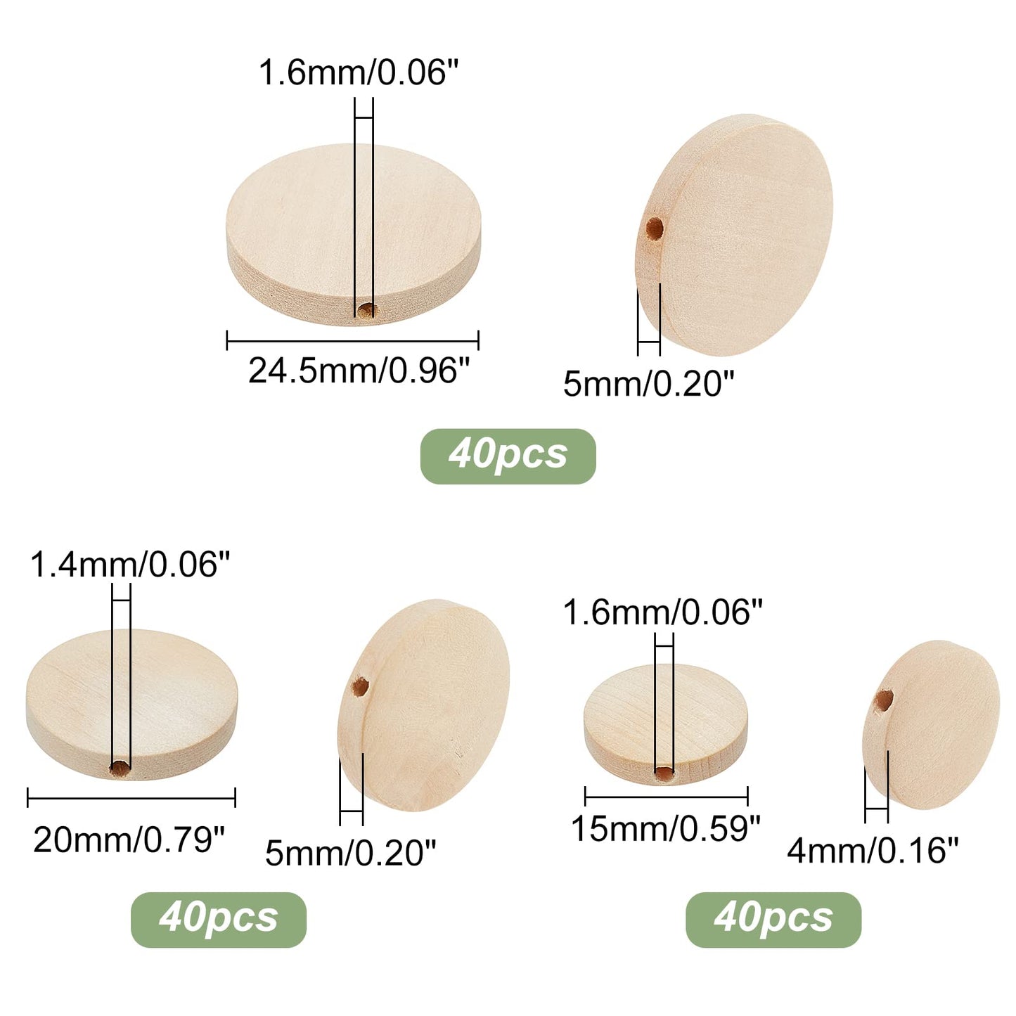 Wooden Bead Collection 120pcs Flat Round in 3 Sizes