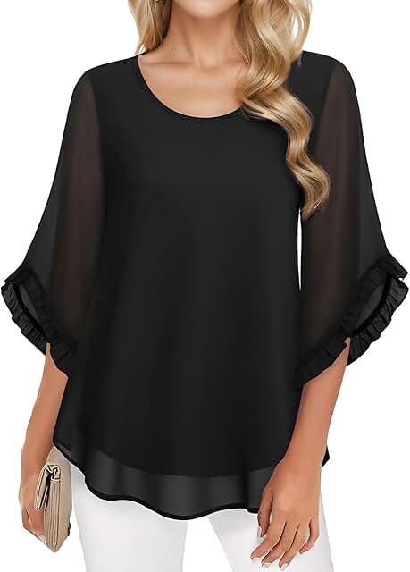 Women’s Flowy Ruffle Chiffon Tunic with 3/4 Sleeves