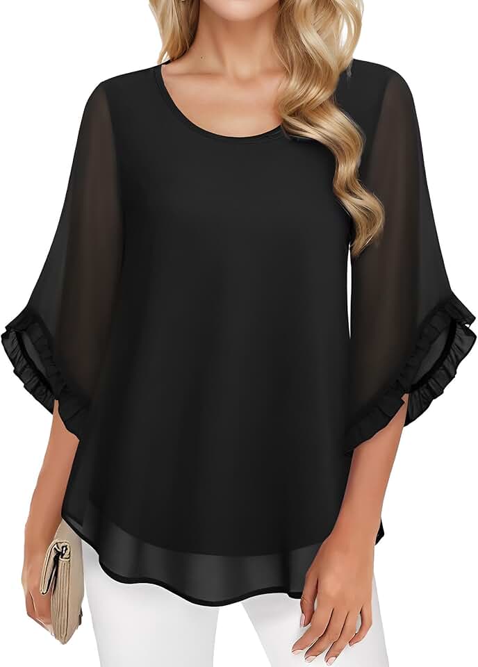 Women’s Flowy Ruffle Chiffon Tunic with 3/4 Sleeves