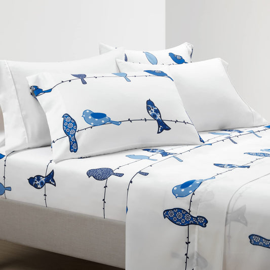 Rowley Birds Soft Sheet 6 Piece Set, Full, Navy