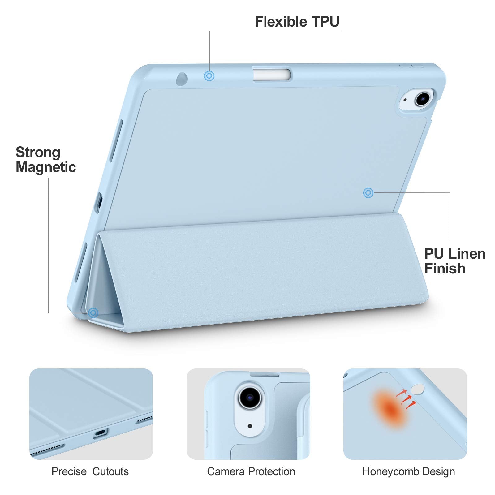Compatible with iPad Air 5th Generation Case 2022/ iPad Air 4th Generation Case 2020 10.9 Inch with Pencil Holder [Auto Sleep/Wake], Trifold Stand Smart Case for iPad Air 5/4 Case, Sky Blue