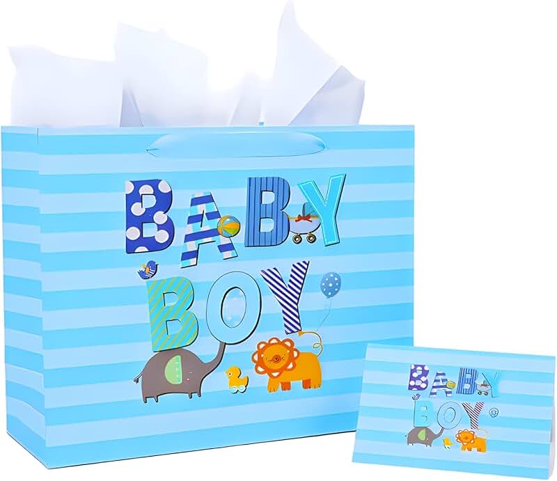 Large 13-inch Baby Boy Gift Bag with Tissue and Card