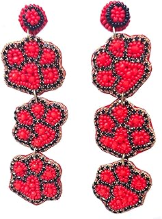Handmade Red and Black Beaded Three-Tier Paw Earrings