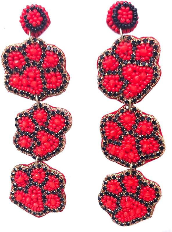 Handmade Red and Black Beaded Three-Tier Paw Earrings
