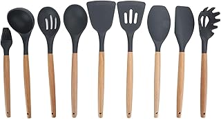 9-Piece Silicone Kitchen Utensil Set with Wooden Handles