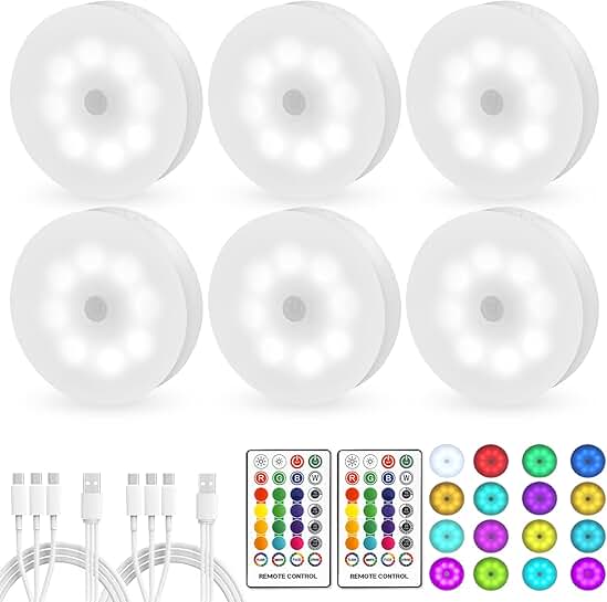 16-Color Rechargeable LED Puck Lights with Remote (6 Pack)