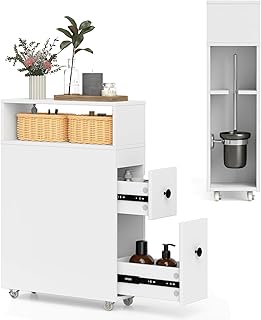 Slim Bathroom Storage Cabinet with Wheels and Baskets