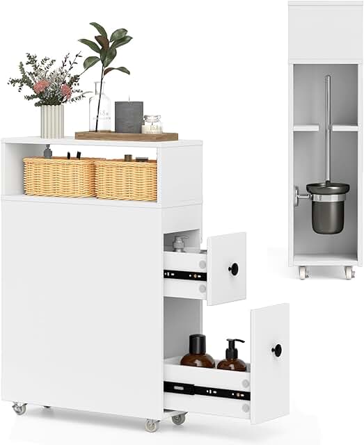 Slim Bathroom Storage Cabinet with Wheels and Baskets
