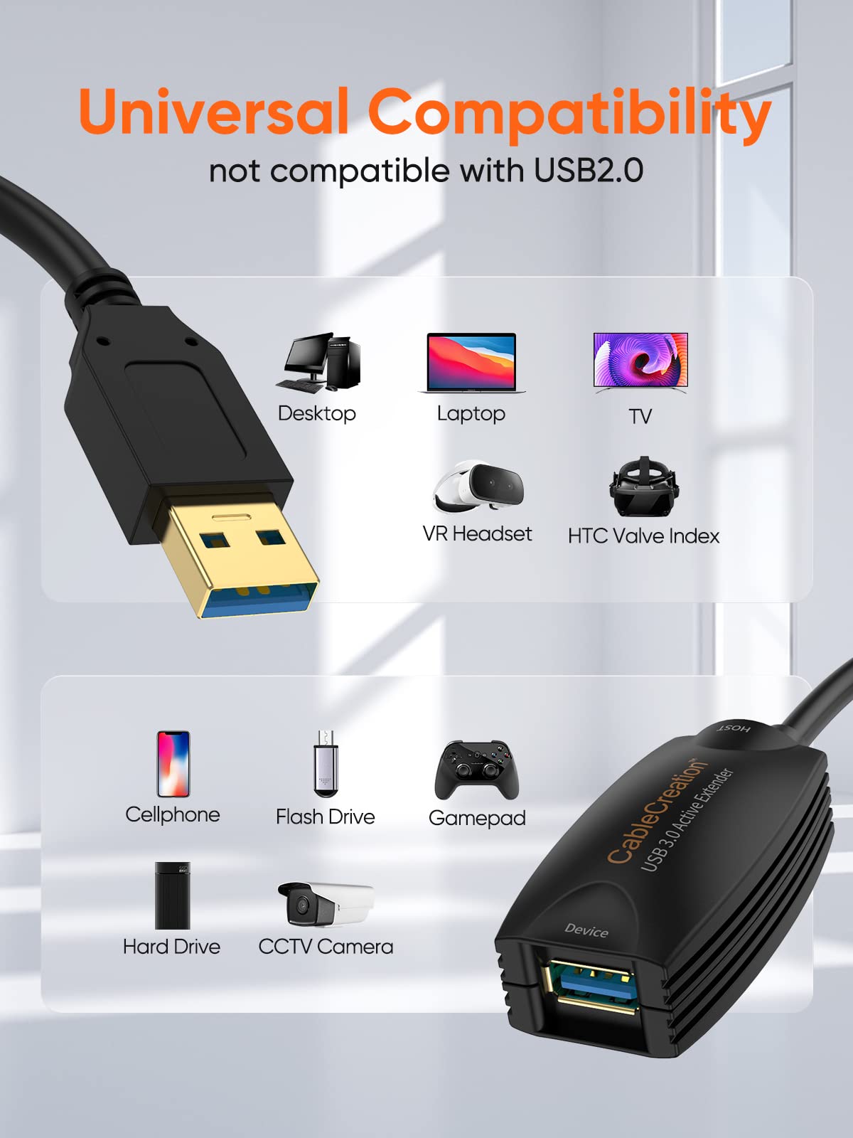 Active USB 3.0 Extension Cable 16.4 FT, USB 3.0 Extender Male to Female Cord with Signal Booster, Compatible with Oculus Quest 2, and Rift Sensor, Steam VR, Gaming PC, 5 Meters