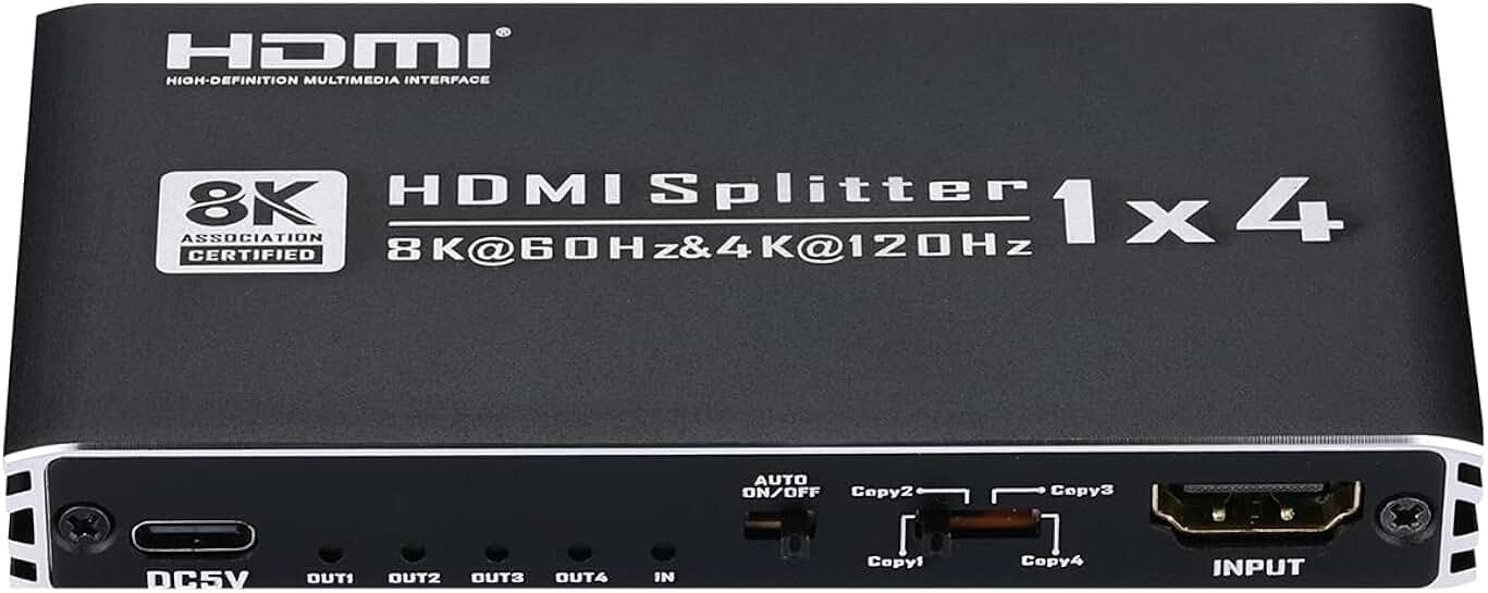 8K HDMI Splitter 1 in 4 Out, 4K@120Hz, HDR, Dolby Atmos