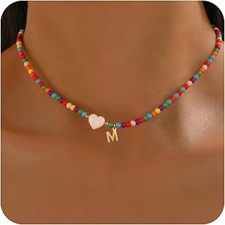 Colorful Beaded Heart Necklace with Letter Pendant