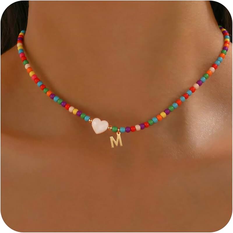 Colorful Beaded Heart Necklace with Letter Pendant