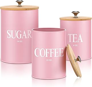 Pink Metal Kitchen Canister Set with Bamboo Lids