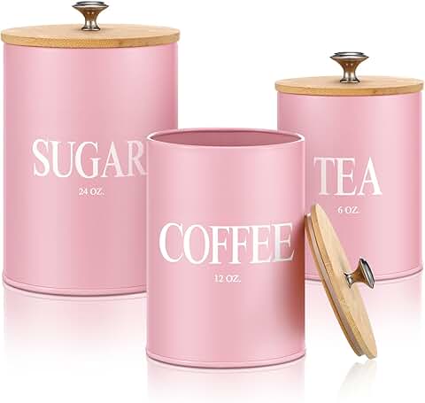 Pink Metal Kitchen Canister Set with Bamboo Lids