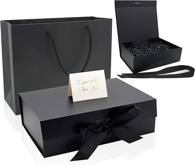 Large Black Gift Box with Ribbon and Accessories