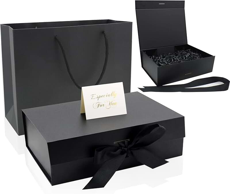 Large Black Gift Box with Ribbon and Accessories
