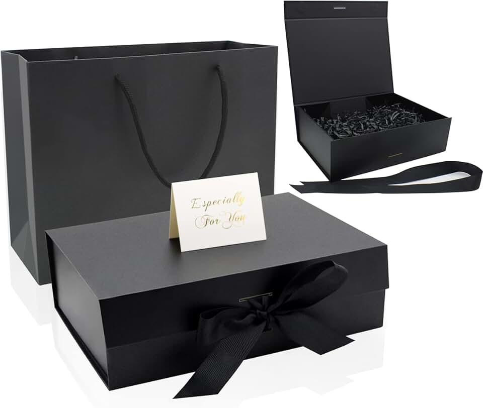 Large Black Gift Box with Ribbon and Accessories