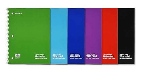 Set of 6 Wide Ruled Spiral Notebooks, 70 Sheets