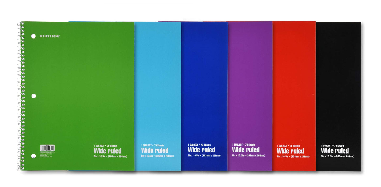 Set of 6 Wide Ruled Spiral Notebooks, 70 Sheets