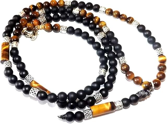Men's Long Boho Necklace with Tiger Eye and Lava Gems