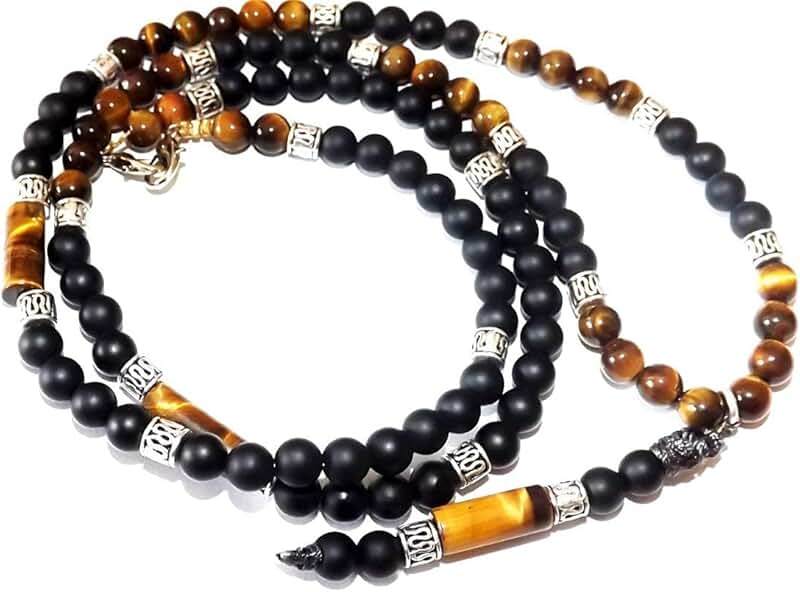 Men's Long Boho Necklace with Tiger Eye and Lava Gems