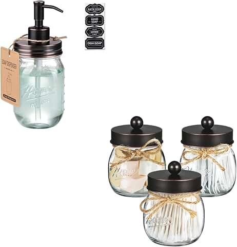 Three Mason Jar Qtip Holders and Soap Dispenser Set