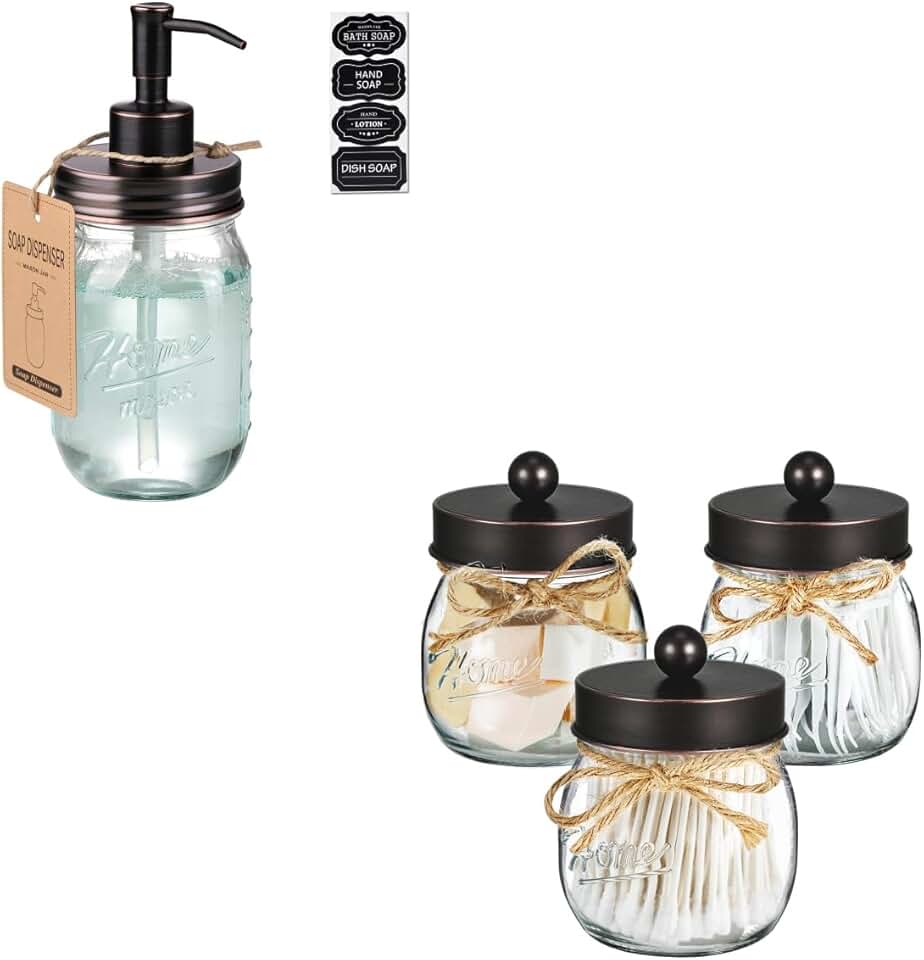 Three Mason Jar Qtip Holders and Soap Dispenser Set
