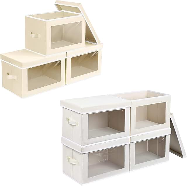 Set of 4 beige fabric storage bins with lids and windows