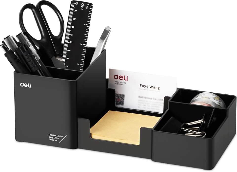 Plastic desk organizer with pencil holder and sticky note tray