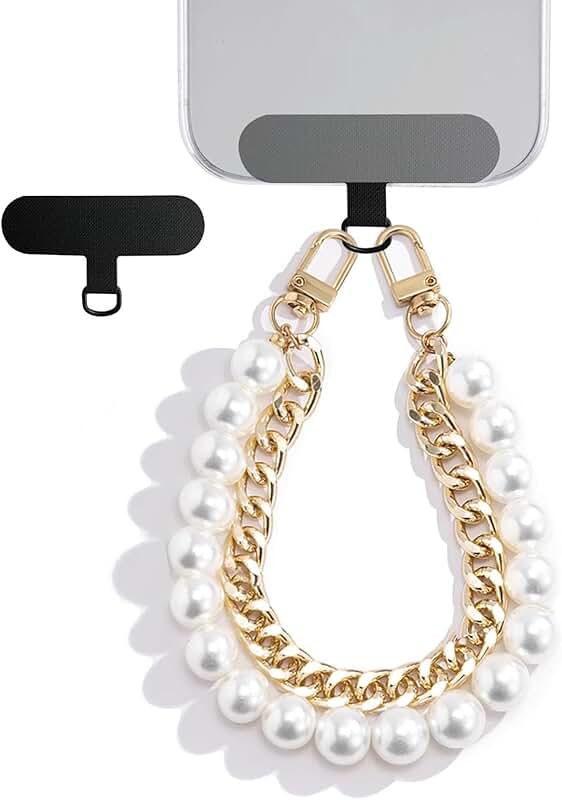 Pearl Beaded Phone Lanyard with Gold Chain