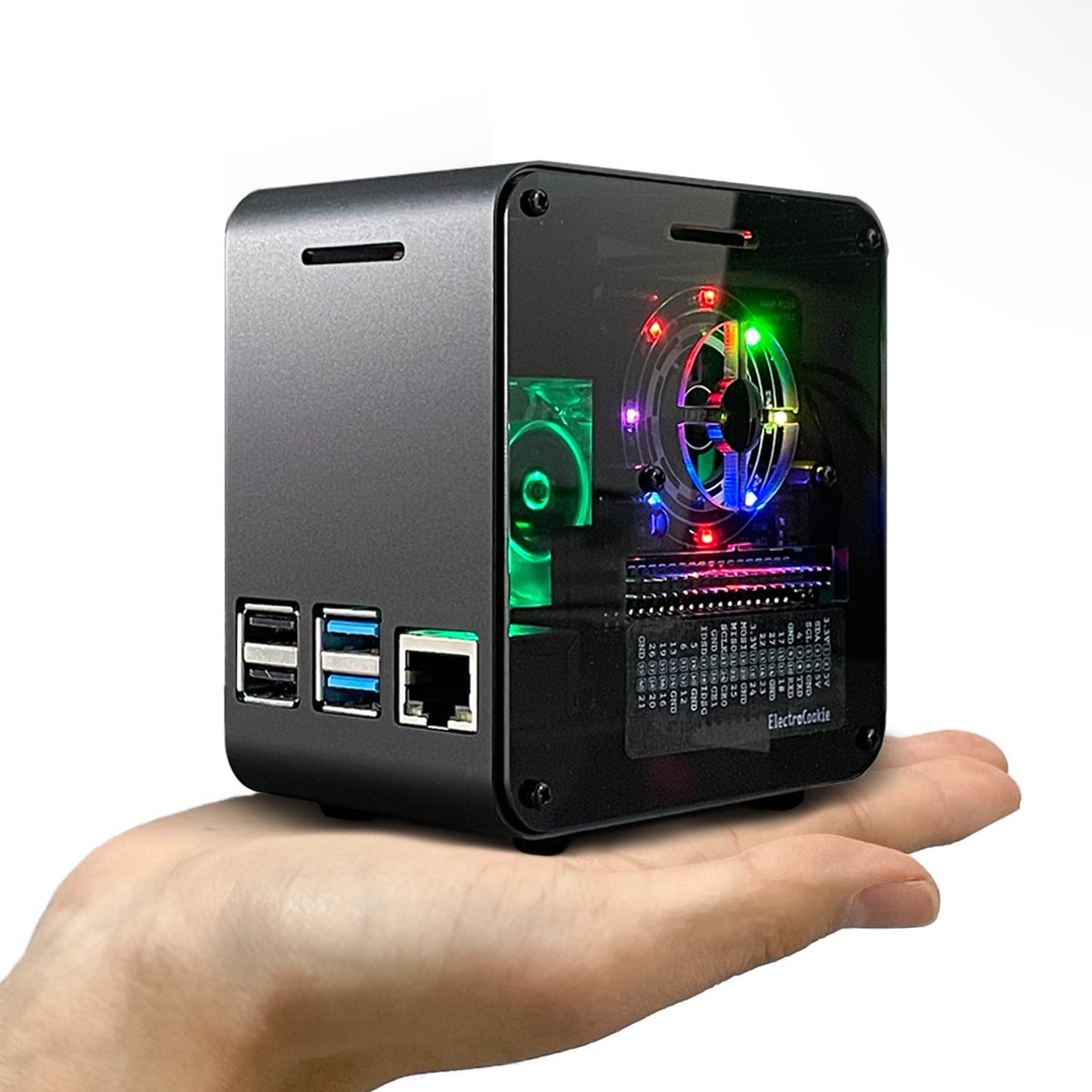 Raspberry Pi 4 Case, Aluminum Mini Tower Case with Cooling Fan and Color Changing Ambient Light (Matte Black & Dark Gray)