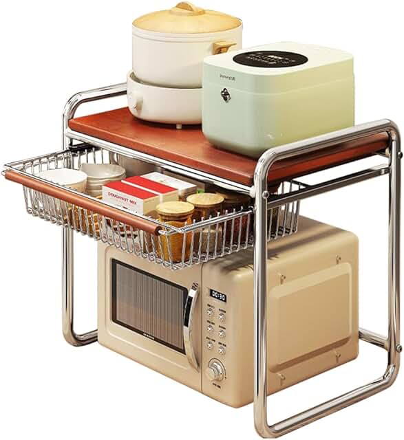 Two-Tier Metal and Wood Microwave Stand with Basket