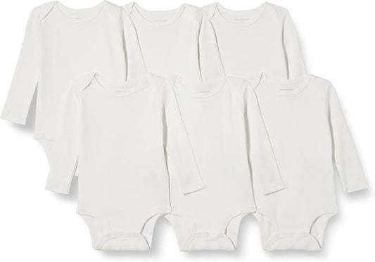 Six unisex long-sleeve baby bodysuits